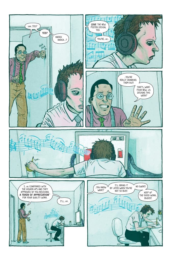 A comic strip featuring a character named Ted, who is busy at his desk while wearing headphones, and another character entering the room expressing appreciation for Ted's work and new poster design.