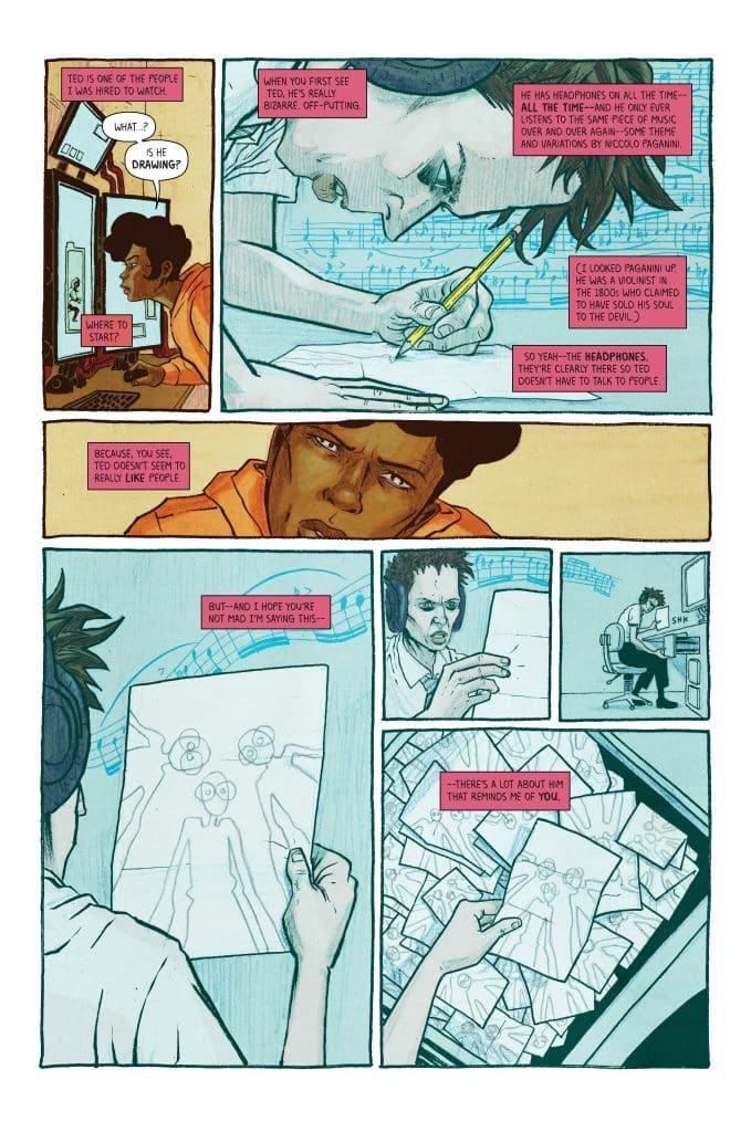 A comic panel featuring a character named Ted who is seen drawing while wearing headphones. Another character observes and comments on Ted's behavior, describing him as odd and mentioning his choice of music, specifically referencing Niccolo Paganini. The dialogue highlights Ted's social awkwardness and the connection the observer feels towards him.