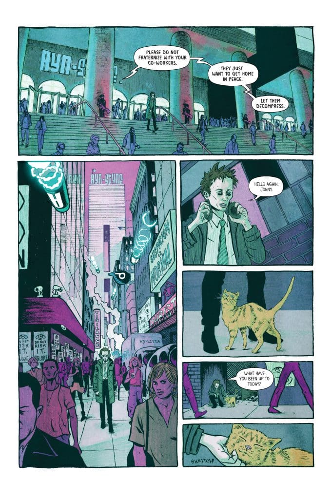 A comic page depicting a busy urban scene with people walking, including a character in a green coat and a girl with short hair. Speech bubbles convey dialogue about social interactions and a character named Jonny. The bottom panels show a yellow cat interacting with other characters in a more intimate setting.