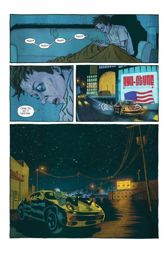A comic panel illustrating a man sitting on a couch, sweating and distressed while looking at his phone. Another panel shows a nighttime cityscape with cars racing by, and a sign that reads 'Ayn-Style - Protecting America.' The final panel features a yellow and black car parked under a starry sky with a person lying on the roof.