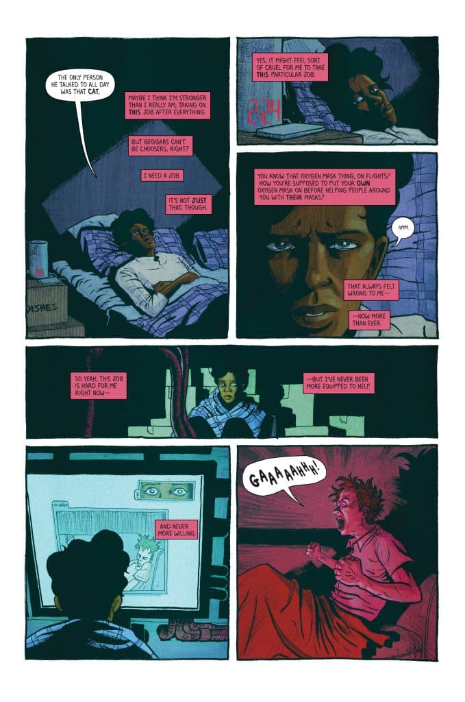 A comic panel depicting a character in bed reflecting on their struggles, with thoughts about needing a job and feelings of guilt related to helping others.