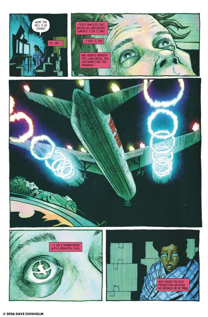 A comic page featuring a character looking upward with a distressed expression, an airplane flying overhead, and various dialogues expressing feelings of loneliness and connection. The artwork highlights emotional depth and includes close-ups of eyes conveying introspection.
