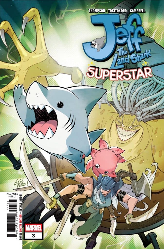 Cover of the comic 'Jeff the Land Shark: Superstar' featuring colorful characters including a cartoon shark and a pink creature, alongside a character wielding swords and a large, menacing creature in the background.