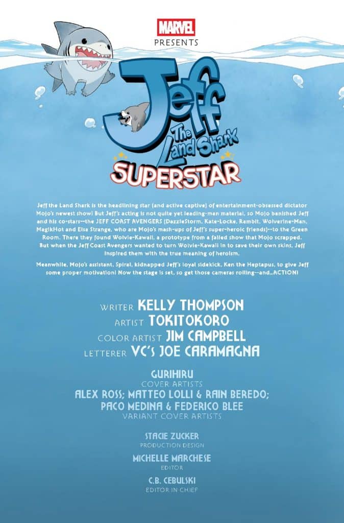 Promotional poster for 'Jeff The Land Shark: Superstar' by Marvel, featuring a cartoon shark character named Jeff, surrounded by various aquatic elements and credits for the creative team.