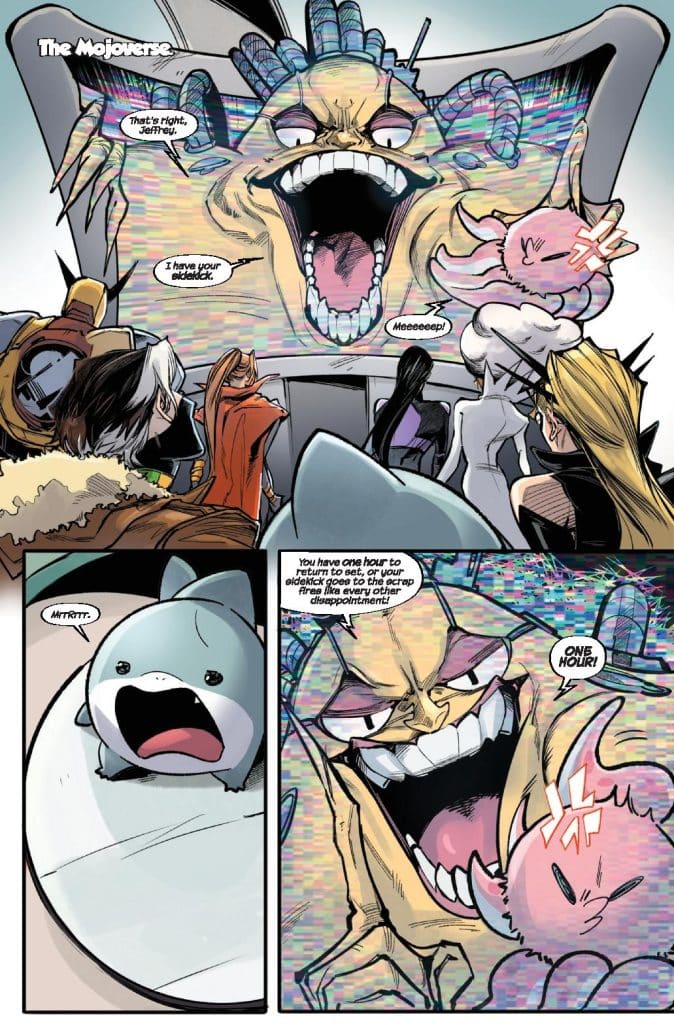 A colorful comic panel featuring a large, cartoonish character with a monstrous face and exaggerated features, speaking from a screen. Several smaller characters, including a shocked creature, are gathered around in a dramatic scene, reacting to the character's announcement.