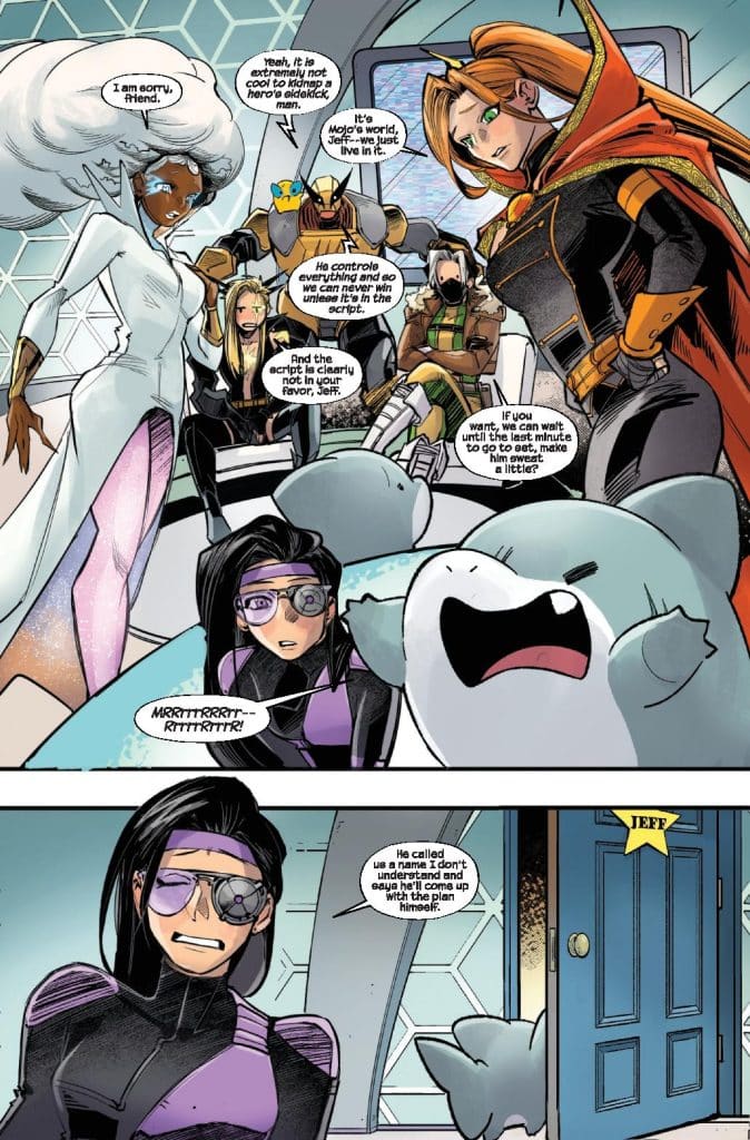 A comic book scene showing a group of diverse characters discussing an urgent situation. The characters include a woman with white hair in a stylish outfit, a muscular individual in armor, and others with unique appearances. One character wears glasses and a purple outfit, looking concerned, while a cartoonish creature nearby appears distressed. The setting features a futuristic interior with a window and a door labeled 'JEFF.' Dialogue bubbles indicate a conversation about plans and control in a chaotic environment.