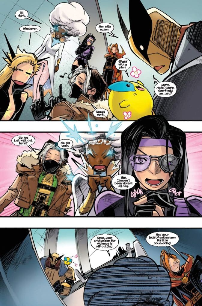 A comic book page featuring a group of diverse superheroes discussing their plans and training, with light-hearted banter and expressions of enthusiasm and frustration.