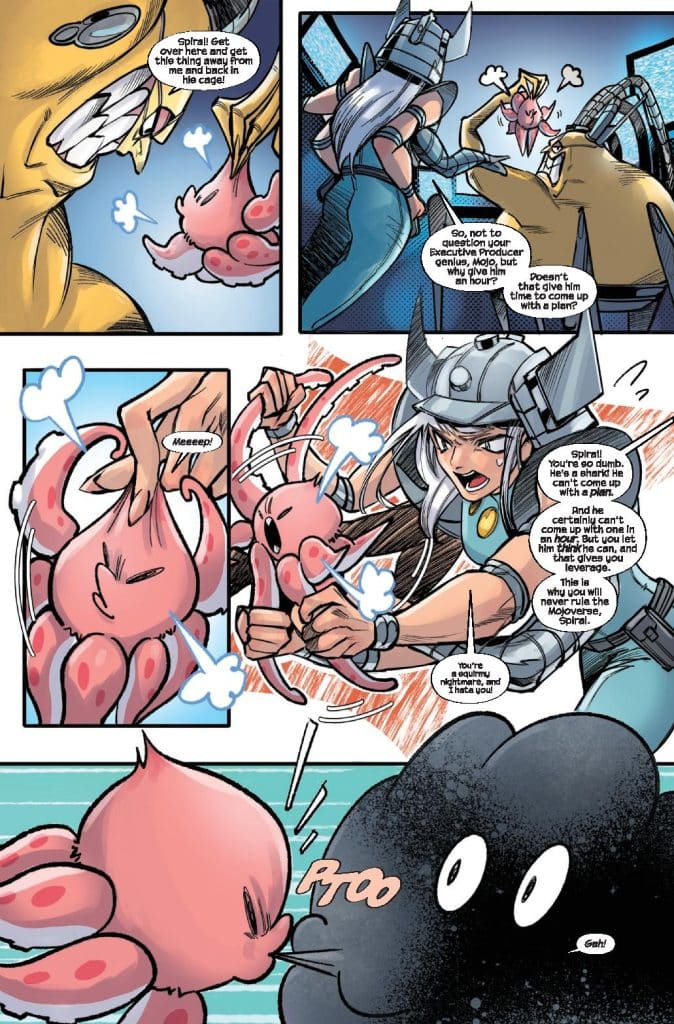 A comic panel featuring a confrontation between characters, including a humanoid female with long hair in armor and a creature resembling a pink octopus. The scene depicts chaotic action with speech bubbles conveying dialogue about capturing the octopus and planning strategies.
