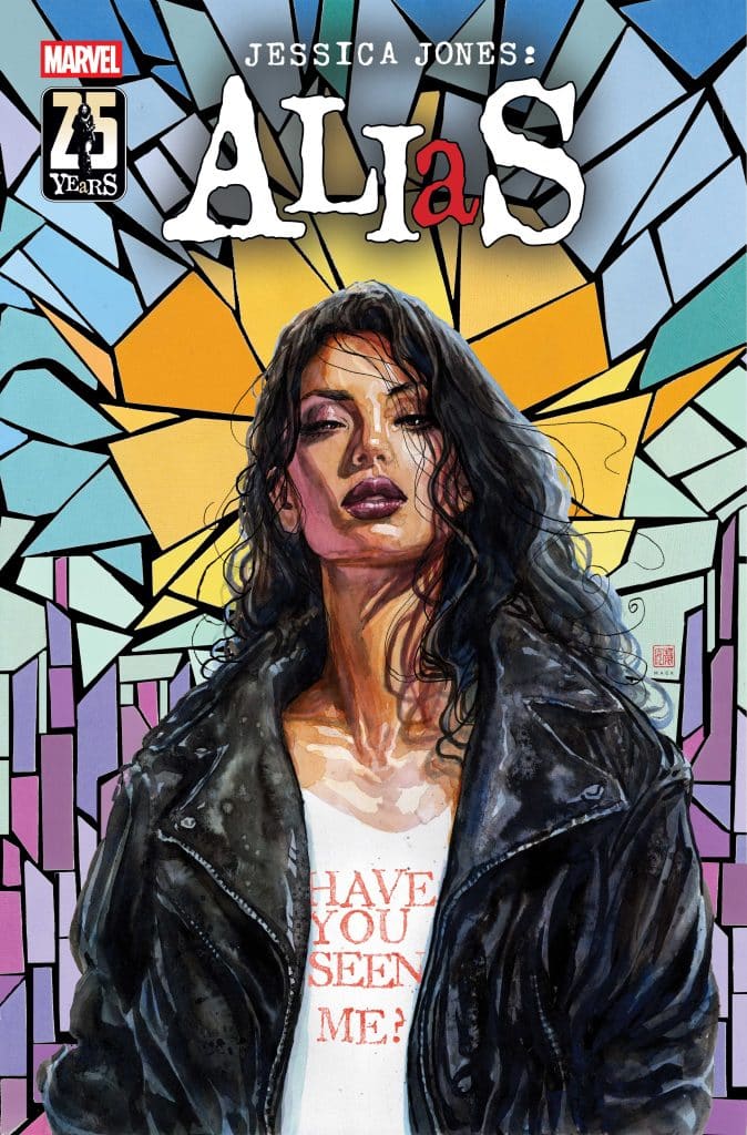 Comic book cover featuring a woman with long dark hair in a black leather jacket, against a colorful stained glass background. The shirt she is wearing has the text 'HAVE YOU SEEN ME?'