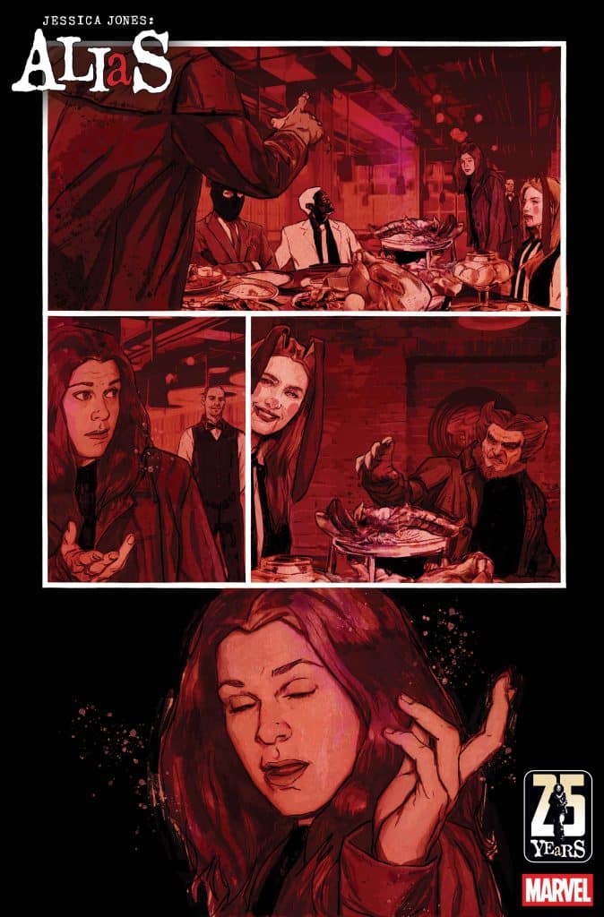 A comic panel featuring characters gathered around a dining table with a variety of foods, showcasing a tense interaction. The characters depict distinct expressions and attire, with a dominant red color scheme. The main focus is on a woman with long hair in a dark coat, appearing contemplative and gesturing with her hand.