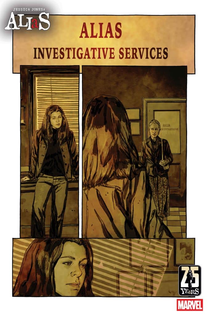 Cover art for 'Alias Investigative Services' featuring a stylized illustration of two women in a dimly lit office with a door labeled 'Alias Investigative Services.' The first panel shows a woman standing at the doorway, while the second panel depicts a close-up of a woman looking thoughtful.