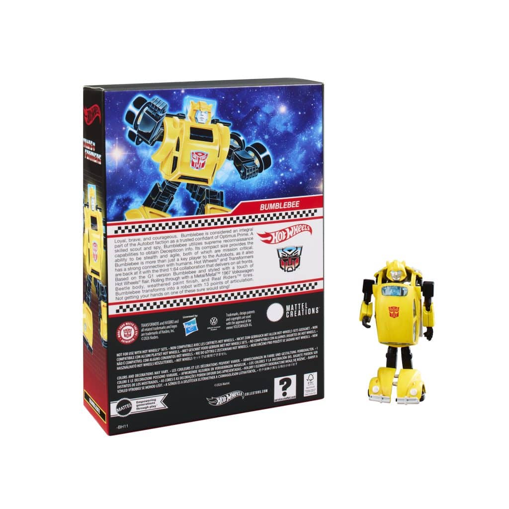 A Bumblebee toy figure from Hot Wheels, displayed next to its packaging featuring a colorful design with stars, the character's image, and descriptive text.