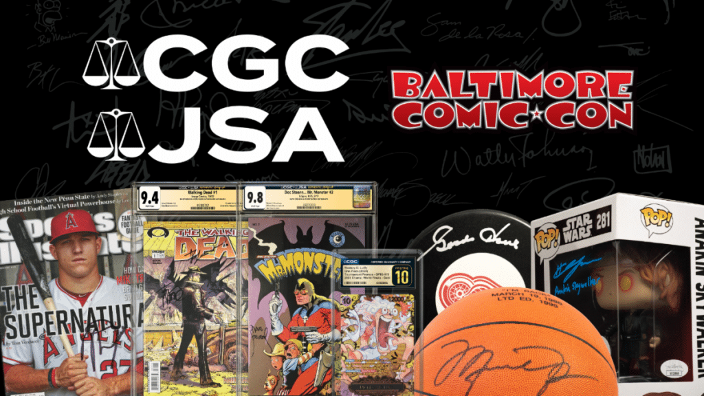 A collage featuring CGC and JSA logos, Baltimore Comic-Con title, a baseball player magazine, comic books including The Walking Dead, an autographed basketball, and various collectibles set against a signed background.