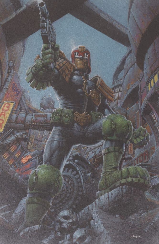 A fictional character, dressed in a dark uniform and wearing armor, stands in a gritty urban setting. He holds a pistol and poses assertively amidst industrial structures and debris, embodying a law enforcement theme.