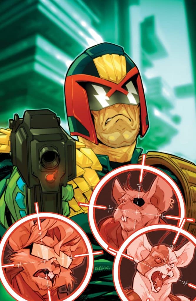 A stylized comic book character wearing a helmet and holding a gun, looking determined against a futuristic backdrop, with images of menacing animal characters in red crosshairs overlay.