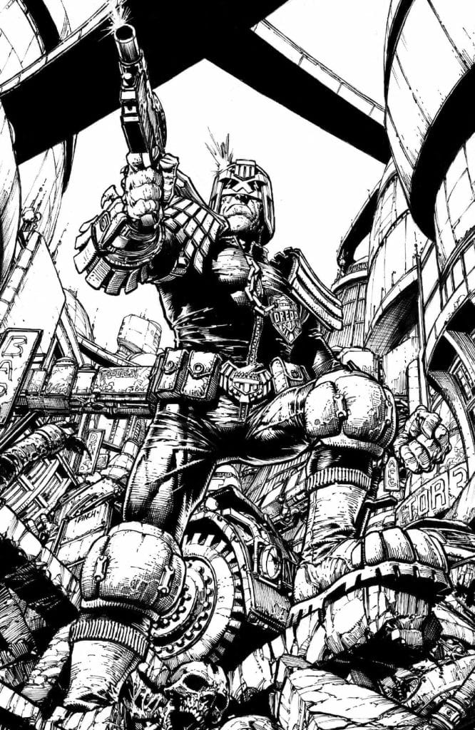 A muscular character in a futuristic judge uniform, holding a gun and standing confidently among urban ruins with a dystopian backdrop.