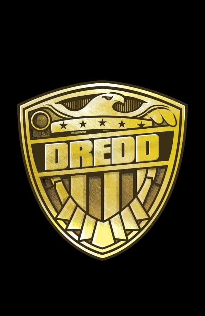 Gold shield emblem featuring the name 'DREDD' in bold letters, with decorative elements including stars and a stylized eagle.