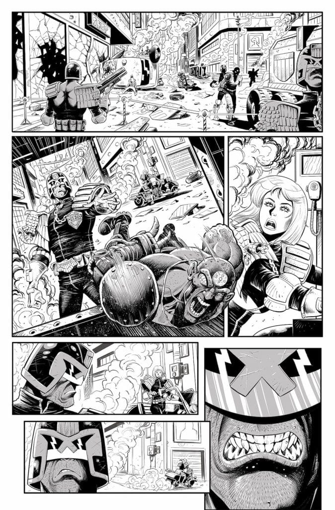 A chaotic street scene from a comic, featuring a judge character in a futuristic uniform confronting a villain on the ground, amidst smoke and debris. Various characters are engaged in a conflict while a vehicle is overturned in the background.