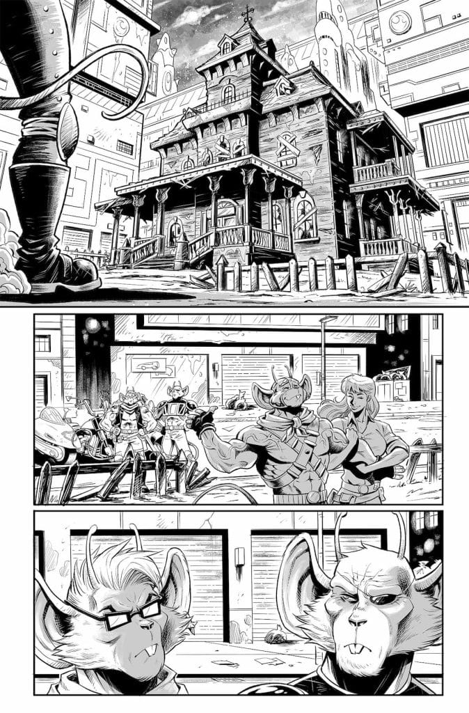 A detailed comic-style illustration featuring a large, spooky house in the foreground, surrounded by an urban landscape with futuristic architecture. In the lower panels, anthropomorphic animal characters are depicted, some in action poses, while others display exaggerated facial expressions, conveying emotion and interaction.