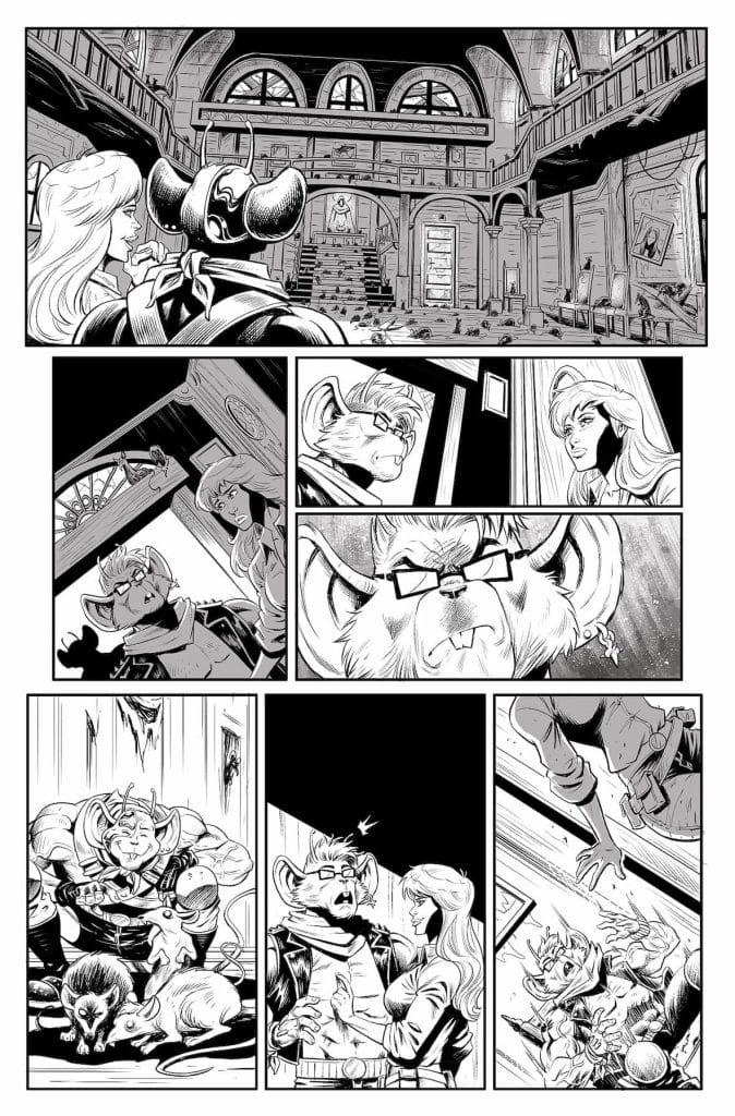 A detailed black and white comic page depicting a large, dilapidated room with stairs and various characters interacting, including a woman with long hair and a humanoid creature with horns and glasses. The panels show expressions of surprise and concern, including a character embracing another while small animals are present in the scene.