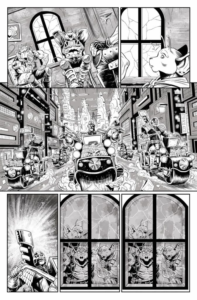 A black and white comic panel depicting anthropomorphic animal characters in a futuristic city, with scenes of chaos and action including motorcycle cops and a character holding a flashing device.