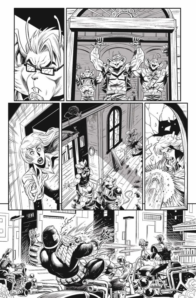 A comic book panel featuring anthropomorphic characters, including a worried woman and muscular creatures. The scene depicts an intense confrontation with action elements like explosions and characters in dynamic poses.