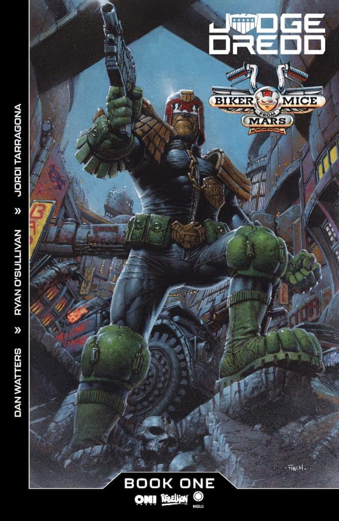 Cover image for the comic 'Judge Dredd: Biker Mice from Mars' featuring Judge Dredd in a dynamic pose with a gun, set in a gritty urban environment.