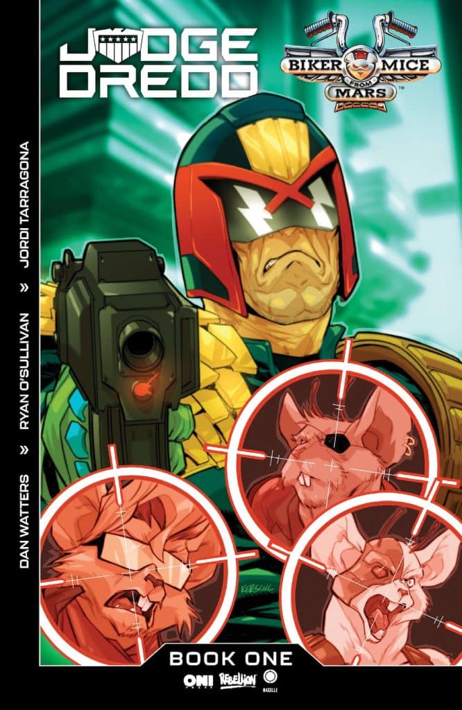 Comic book cover featuring Judge Dredd wielding a gun, alongside circular target overlays focusing on anthropomorphic mice characters, with vibrant colors and bold graphics.