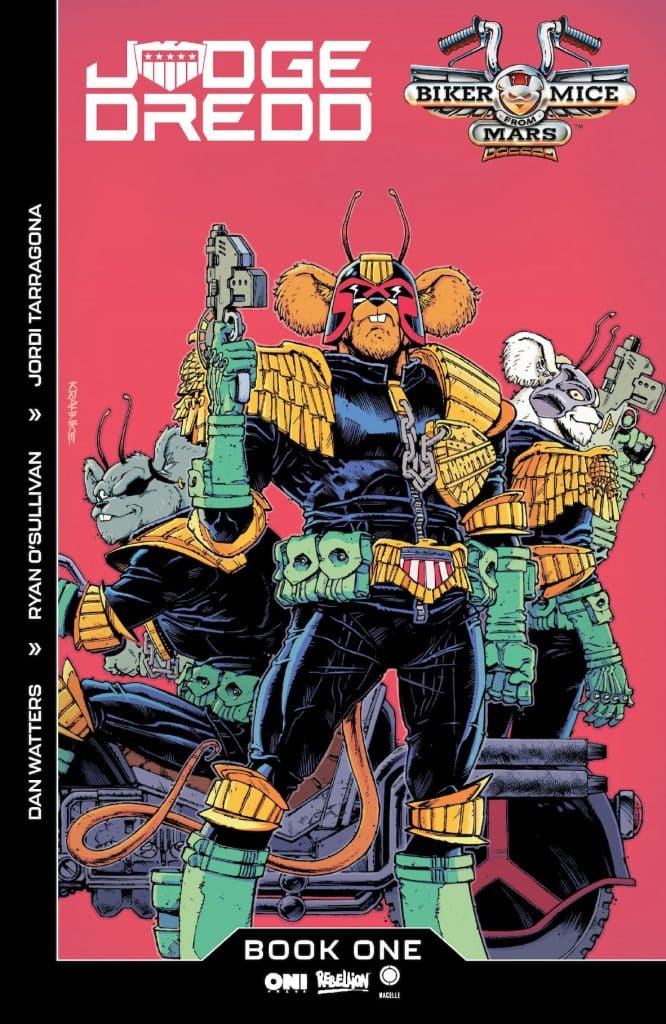Comic book cover featuring anthropomorphic mice dressed as law enforcement officers, with a pink background. The central character, a muscular mouse in a black uniform and helmet, holds large weapons. Two other mice flank him, also in uniforms. The title 'JUDGE DREDD' is prominently displayed at the top, along with 'BIKER MICE FROM MARS' at the top right.