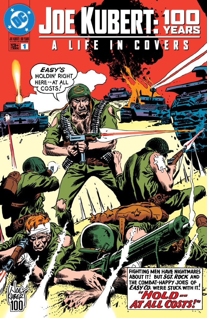 Comic book cover featuring intense battle scene with soldiers, tanks, and explosions, with the title 'Joe Kubert: 100 Years - A Life in Covers' prominently displayed.