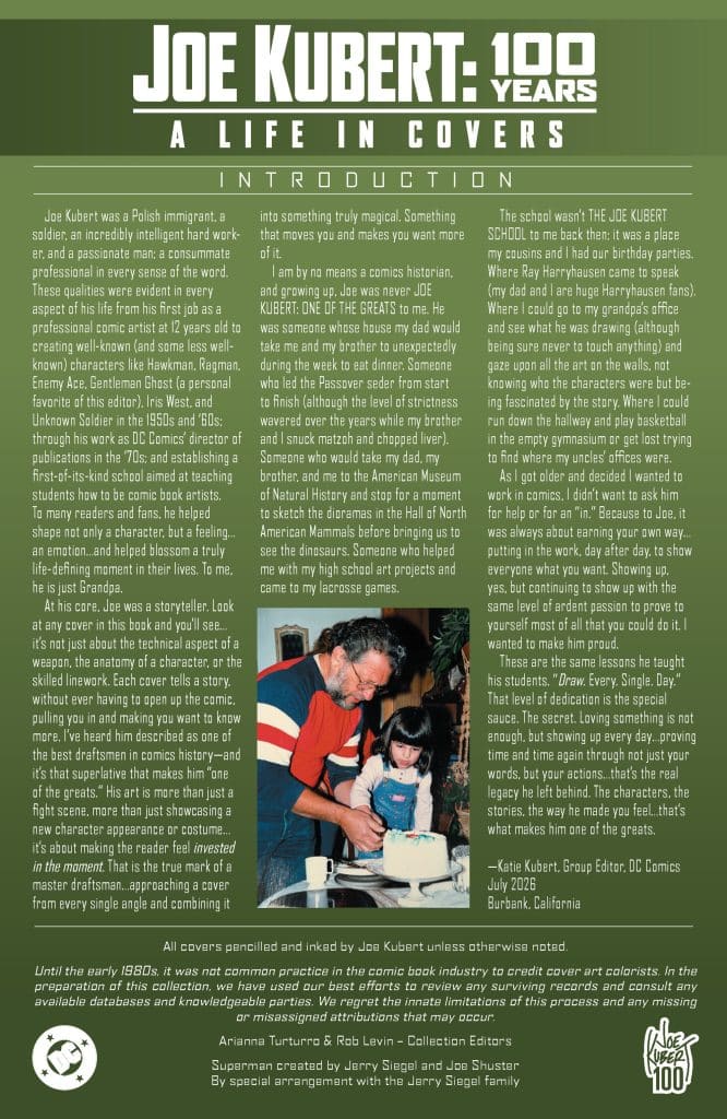 A biographical introduction about Joe Kubert, detailing his life and impact as a comic artist, including background information and personal anecdotes from family members.