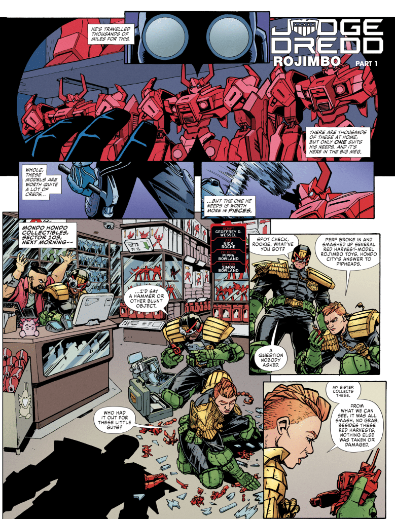Comic panel from Judge Dredd: Rojimbo featuring characters inspecting broken toy models in a store, with dialogue reflecting a problem involving damaged items.