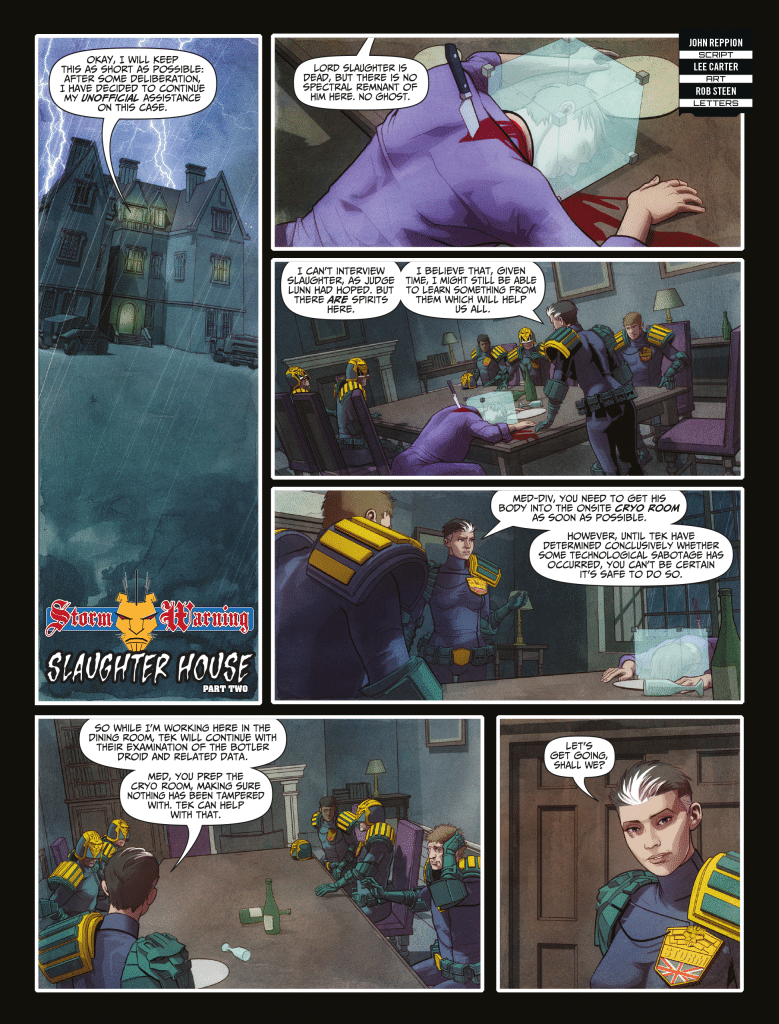 A comic strip featuring a scene in a dimly lit room with characters discussing the death of Lord Slaughter, expressing concerns about spirits and technology, while strategizing their investigation with a futuristic theme.