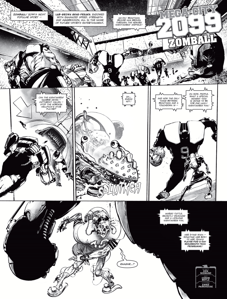 A black and white comic panel depicting a futuristic sport called Zomball, featuring genetically modified players in a stadium, showcasing action sequences and humorous text bubbles discussing gameplay and character traits.