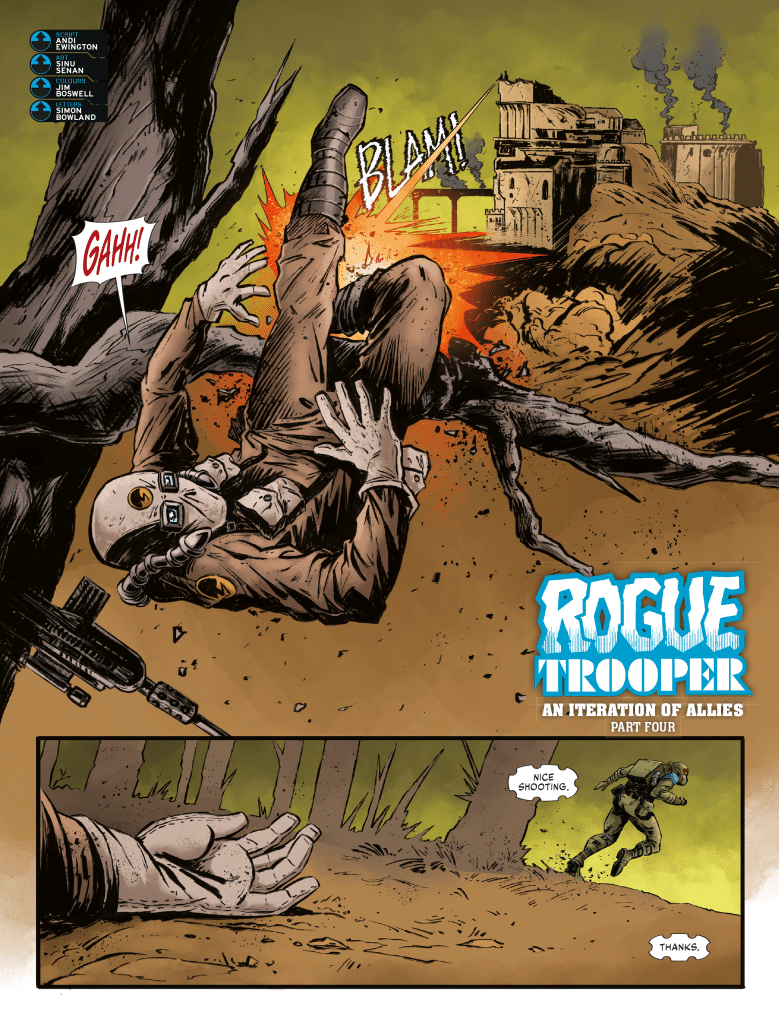 A comic book panel featuring a soldier falling backwards with an explosion behind him, accompanied by the sound effects 'GAHH!' and 'BLAM!' The title 'ROGUE TROOPER' is prominently displayed at the top, with action motifs around. Below, another character is seen in a crouched position, offering a compliment on shooting.