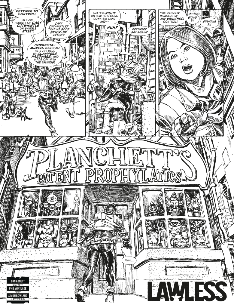 A comic book page featuring a bustling street scene. The foreground shows a character in a hooded jacket approaching a shop called 'Planchett's Patent Prophylactics.' Various characters are in the background, and dialogue bubbles express urgency and confusion.