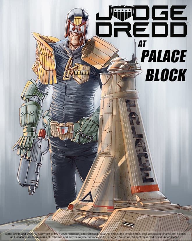 Illustration of Judge Dredd in a detailed futuristic uniform standing next to a large structure labeled 'PALACE', representing Palace Block, with a sci-fi aesthetic.