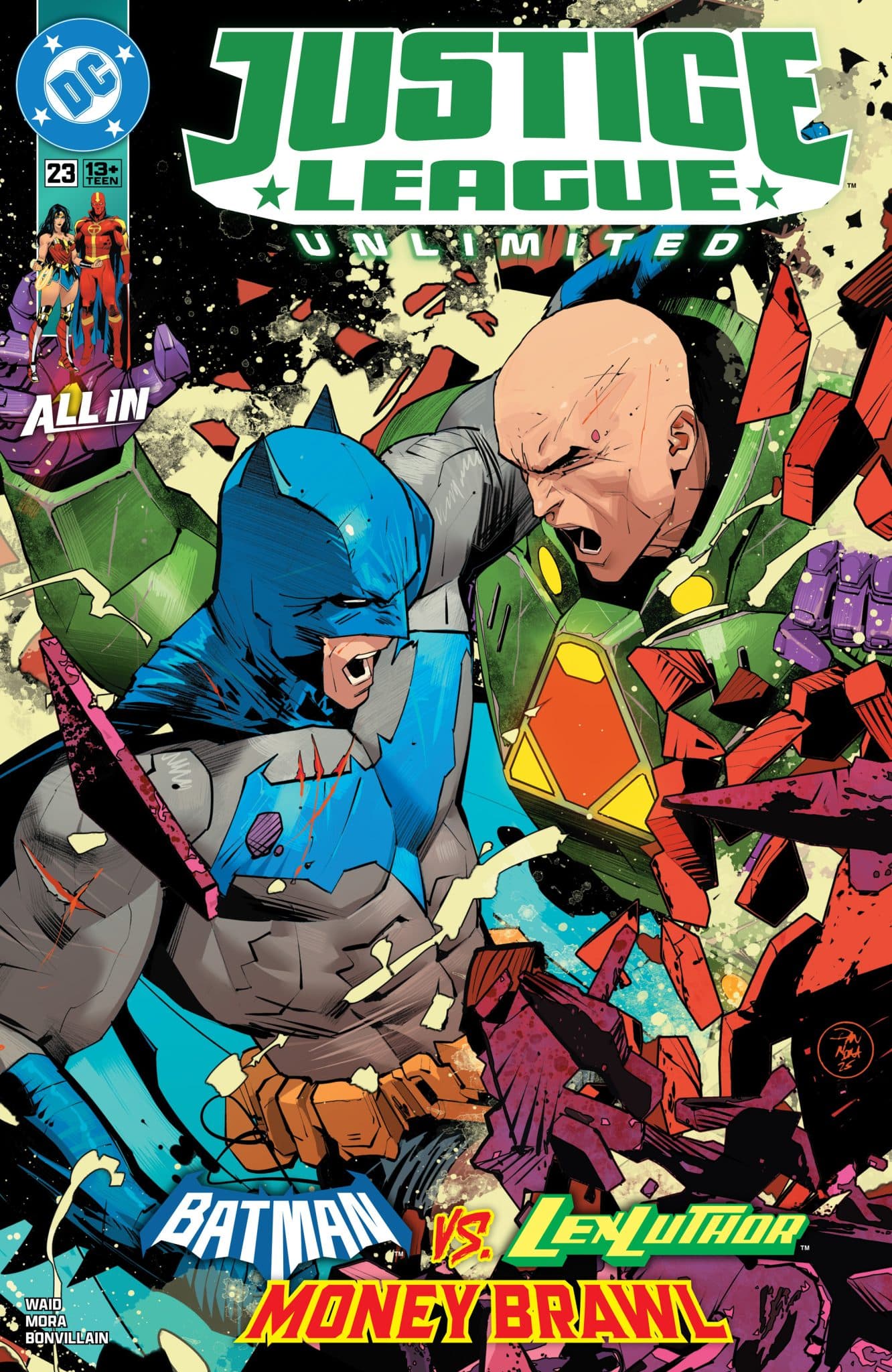 Cover of Justice League Unlimited issue 23 featuring Batman and Lex Luthor in an intense battle scene with debris flying around.