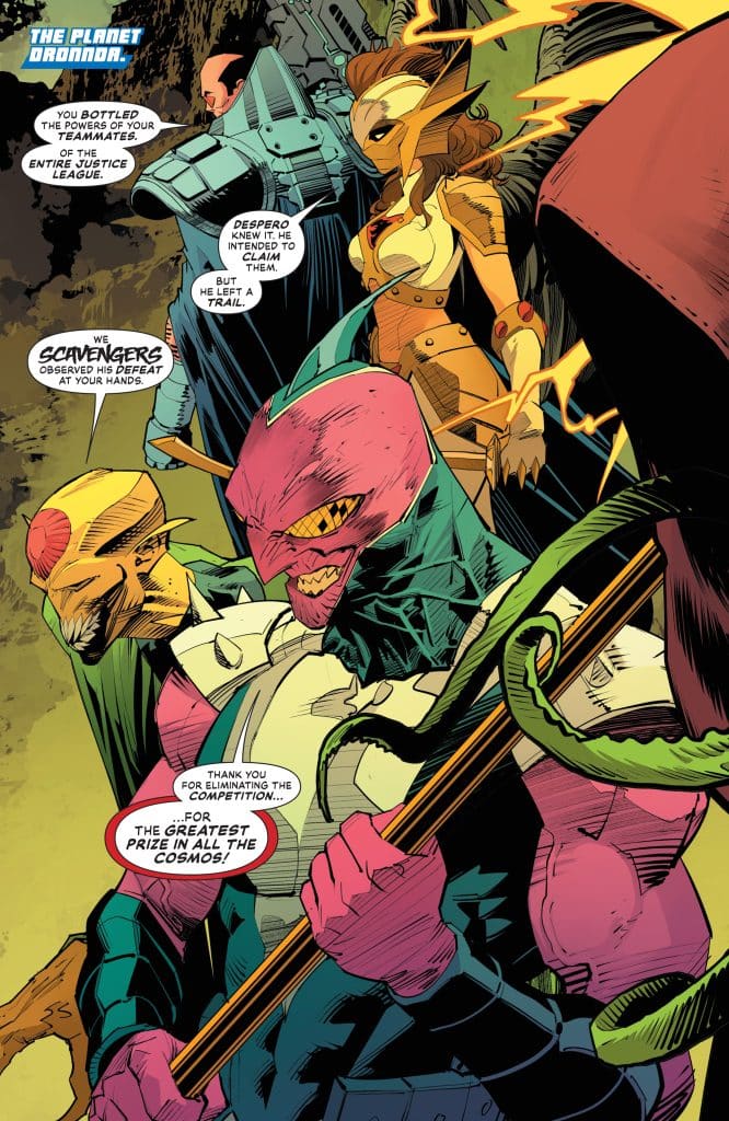 A colorful comic book scene depicting various characters, including a humanoid with a pink face and a large weapon, and a female character with a golden outfit, alongside others in a dynamic pose. They are surrounded by a dark, alien landscape with text bubbles conveying their dialogue.