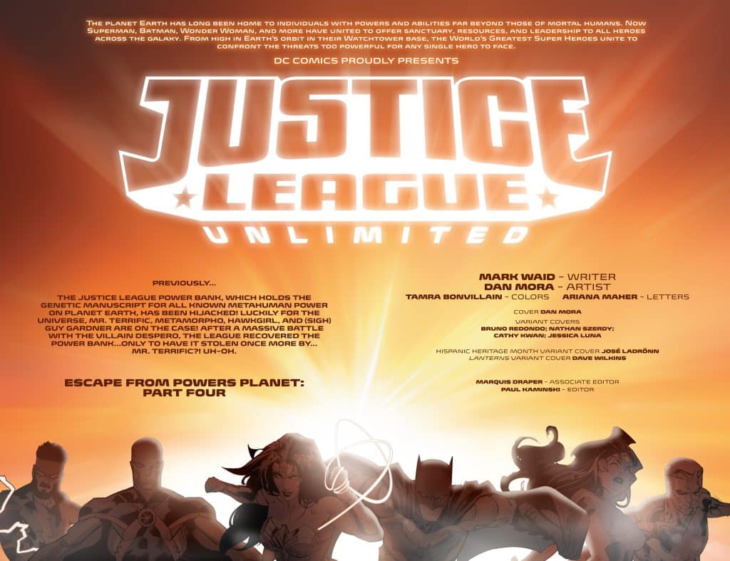 Cover of 'Justice League Unlimited' comic featuring superheroes such as Superman, Batman, Wonder Woman, and others, with a dramatic orange background and bold title.