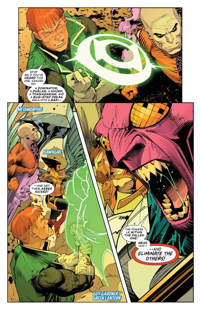 A comic book page featuring a confrontation among several superheroes, including Green Lantern Guy Gardner, Metamorpho, and Hawkgirl, as they face off against a villain in a dynamic scene filled with action and vibrant colors.