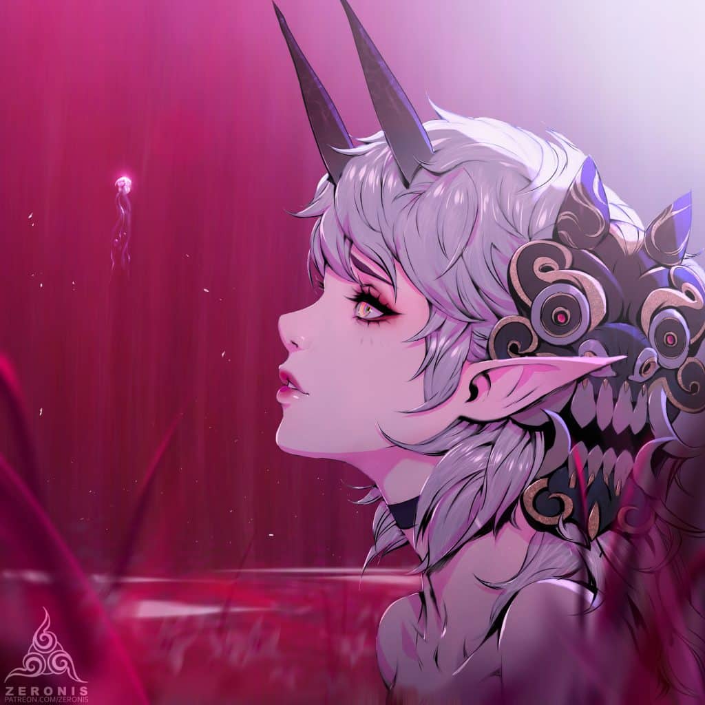 Profile view of a character with light gray hair, pointed ears, and decorative horn-like features, set against a pink and purple background with a glowing jellyfish in the distance.