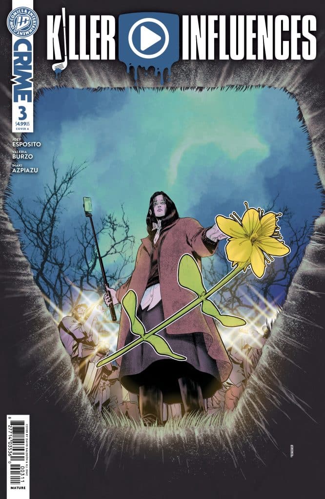 Comic book cover for 'Killer Influences' issue 3, featuring a character holding a yellow flower and a staff, surrounded by a shadowy forest and figures in the background.
