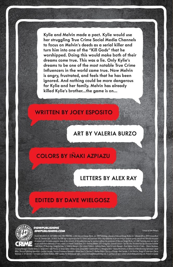Description of a comic book back cover featuring a synopsis about characters Kylie and Melvin, who make a dangerous pact, along with credits for the writer, artist, colorist, letterer, and editor.