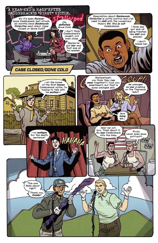 Comic strip featuring multiple panels with characters discussing a podcast about a cold case related to Caddyshack, humorously contemplating various theories and opinions.