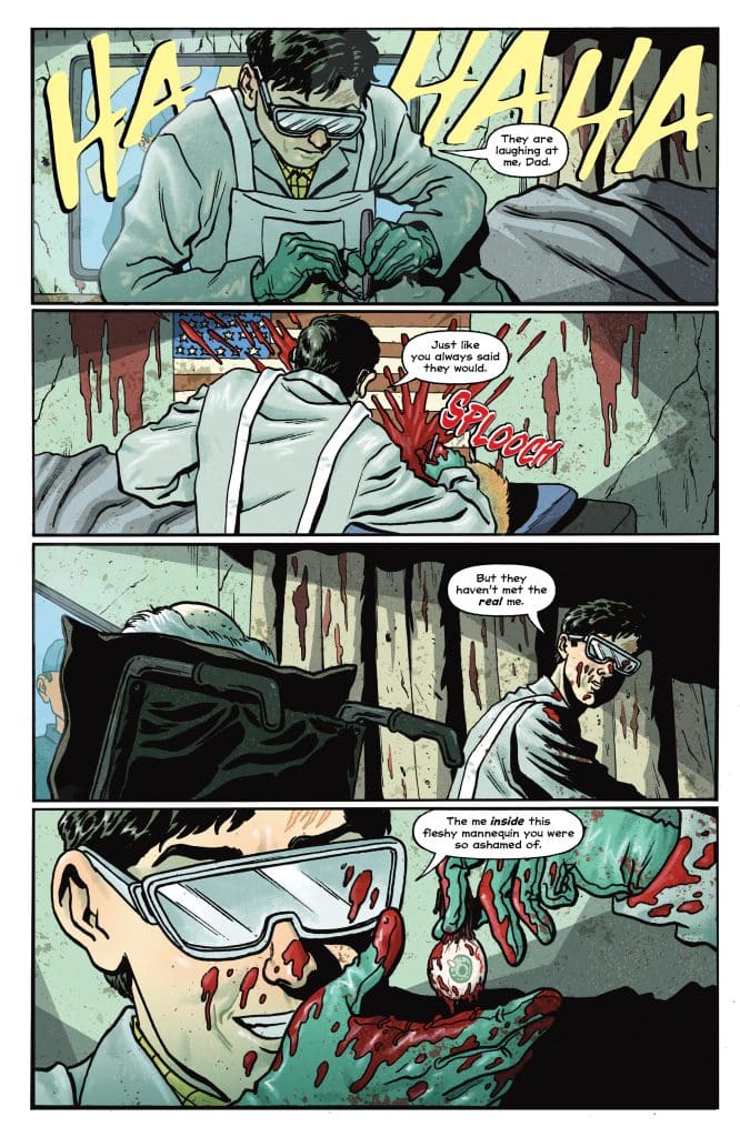 A comic book panel depicting a character in glasses and a lab coat performing a disturbing surgery, surrounded by blood and a mannequin. The character expresses feelings of being laughed at and shares a dark revelation about their identity.