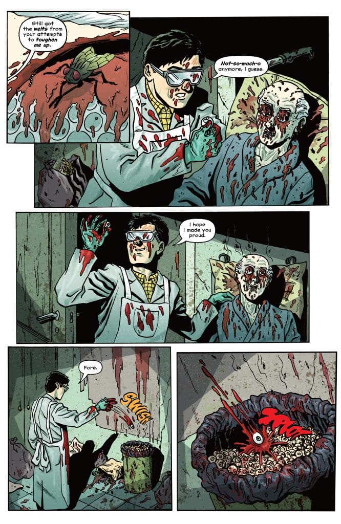 A comic-style illustration depicting a gruesome scene with a blood-stained room. A character wearing protective glasses and a lab coat is interacting with a bloodied figure in a chair. The character appears to be questioning their confidence while references to blood and body parts can be seen. In the next scene, the same character is seen throwing a bloody object towards a trash bin full of grotesque remains.