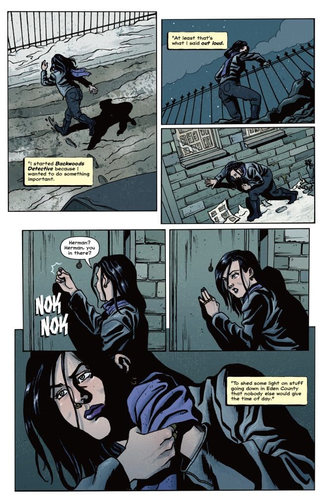 A comic panel featuring a female character with dark hair, dressed in a black jacket and jeans, walking a dog along a snowy path. She is deep in thought, glancing towards a nearby building. In adjacent panels, she appears to be knocking on a door, displaying a sense of urgency and concern.