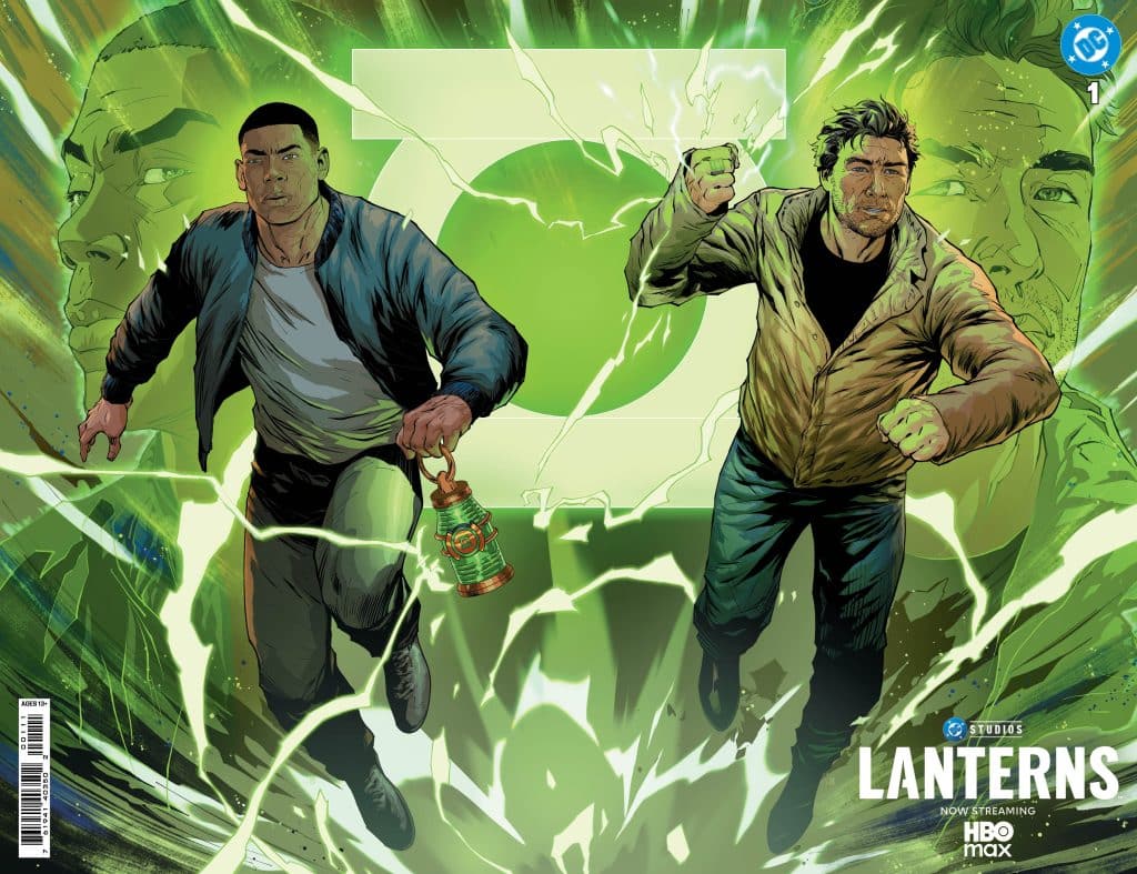 Comic book cover featuring two male characters running, one holding a green lantern, with a green glowing background and dynamic lighting effects.