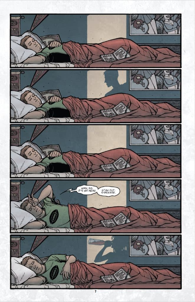 A comic strip showing a character sleeping in bed with a red blanket and green shirt, holding a book. The character appears to be conversing with a figure outside the frame, expressing that something is in their head and asking to be left alone.